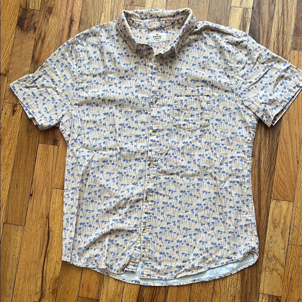 Marine Layer Mens Tan (yellow) and Blue Palm Tree Resort Shirt